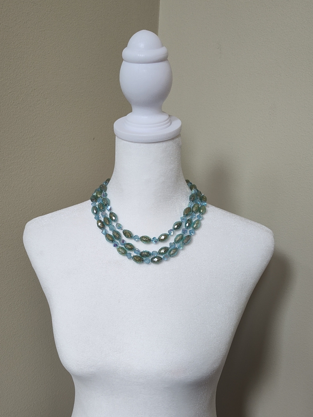 Handcrafted Aqua Plastic Bead Triple-Strand Necklace